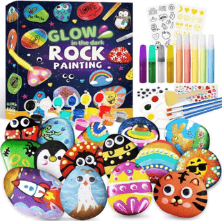 3D Stenen schilderset - schitteren in de nacht- Kinderstenen schilderset-rock painting-10 stuks stenen-Knutselpakket-Met 12 Kleuren-Penseel-paascadeau-voor Pasen - Creatieve set