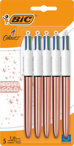 BIC Rose Gold 4 Kleuren - Balpennen met Kliksysteem - Medium Punt (1.0 mm) - 5 Stuks