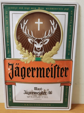 Jägermeister logo relief Reclamebord van metaal 30 x 20 cm GEBOLD BORD MET RELIEF METALEN-WANDBORD - MUURPLAAT - VINTAGE - RETRO - HORECA- WANDDECORATIE -TEKSTBORD - DECORATIEBORD - RECLAMEPLAAT - WANDPLAAT - NOSTALGIE -CAFE- BAR -MANCAVE- KROEG
