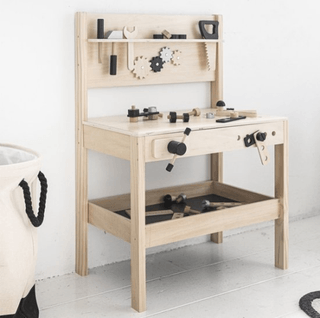 Petite Amélie ® Werkbank Speelgoed Hout inc. Kinder Gereedschap (41 accessoires) - Werkbank Kinderen - Ideale Hoogte voor de Kleine Klusser - Stevig van Plywood - Naturel & Zwart