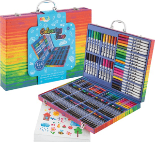 Tekendoos voor Kinderen 124pcs - Tekenset - Knutselpakketten - 15 tekenvellen - Stiften - Kleurpotloden - Waskrijt - Prachtige opbergkoffer - Duurzaam FSC