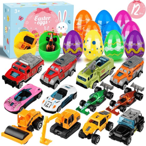Prextex paaseieren gevuld met terugtrekbare bouwvoertuigen - set van 12 eieren voor het zoeken naar paaseieren met kinderen, feestzakjesvullers, paascadeaus en spelletjes